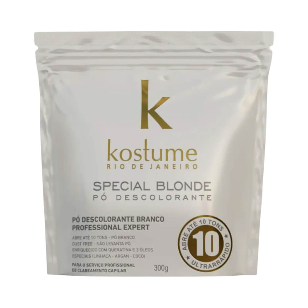 Pó Descolorante Kostume Special Blonde Branco 300g em embalagem branca com detalhes dourados